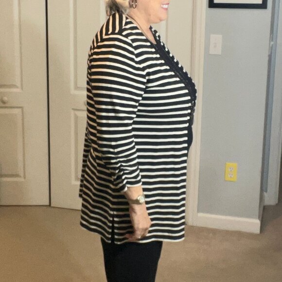Rafaella Black & White Striped Open Front Cardigan Jacket, size large, cotton - Picture 3 of 12